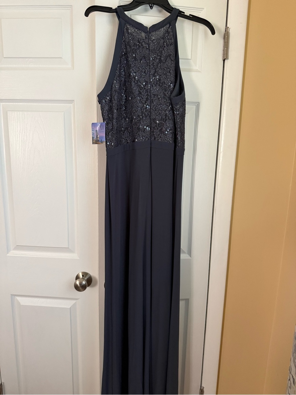 Sequin Halter Evening Gown - Charcoal, size 14